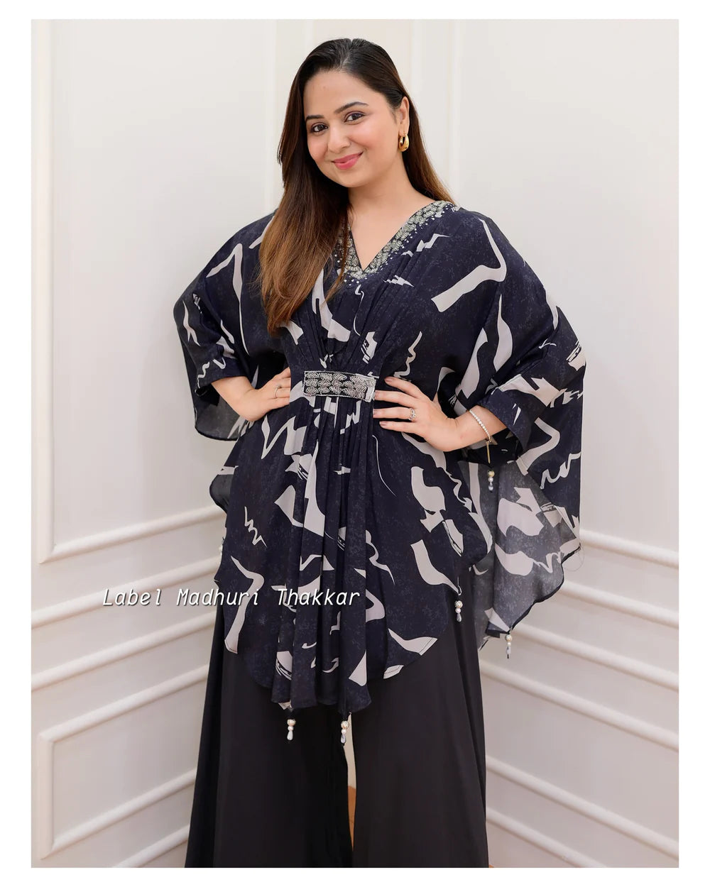 BLACK FLORAL CREPE KAFTAN SHARARA