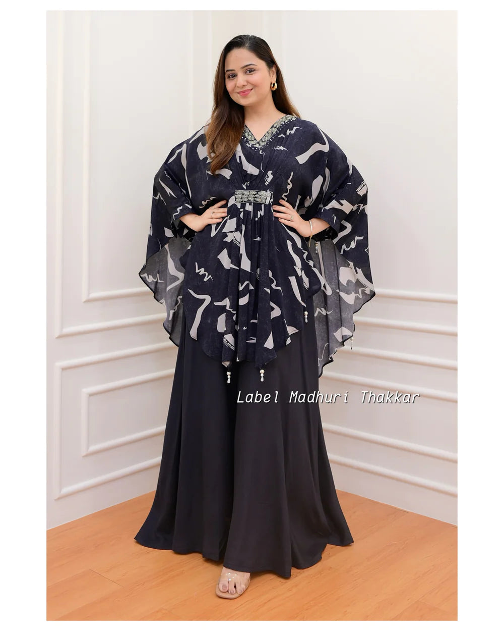 BLACK FLORAL CREPE KAFTAN SHARARA