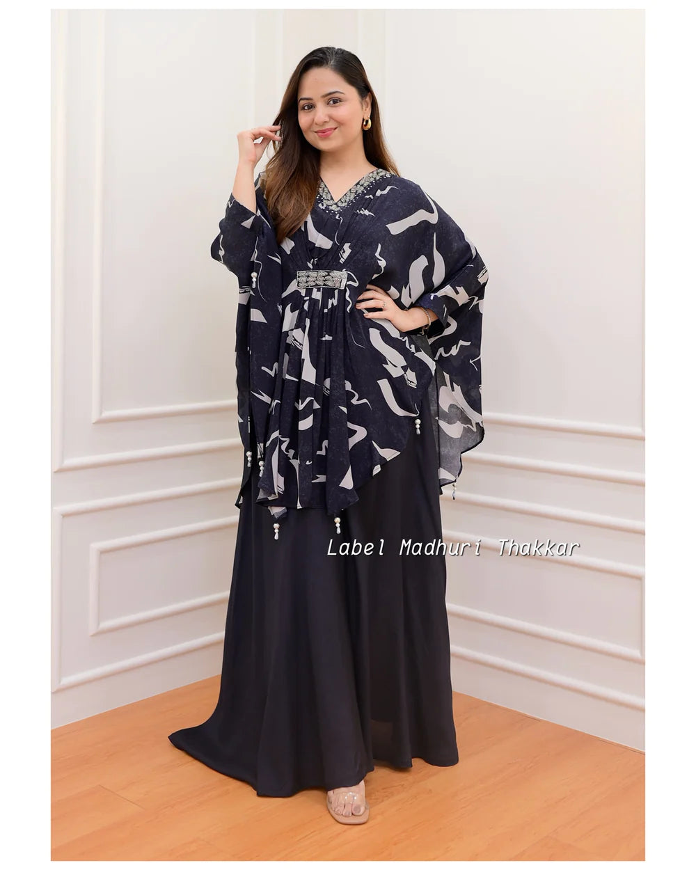 BLACK FLORAL CREPE KAFTAN SHARARA