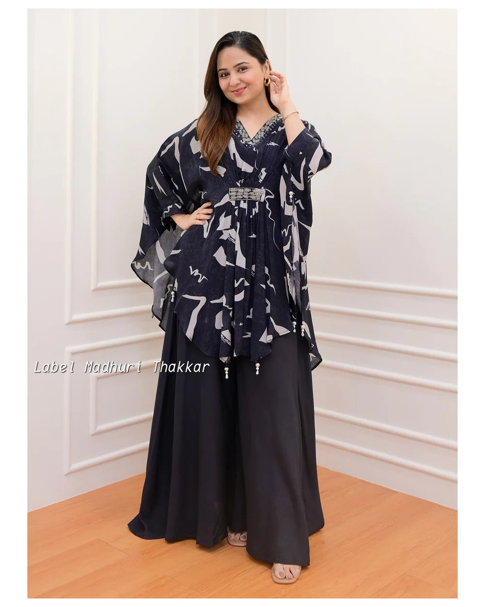 BLACK FLORAL CREPE KAFTAN SHARARA