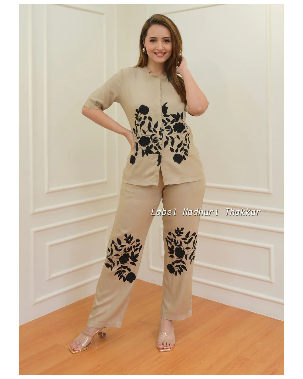 BEIGE THREAD EMBROIDERED CO-ORD