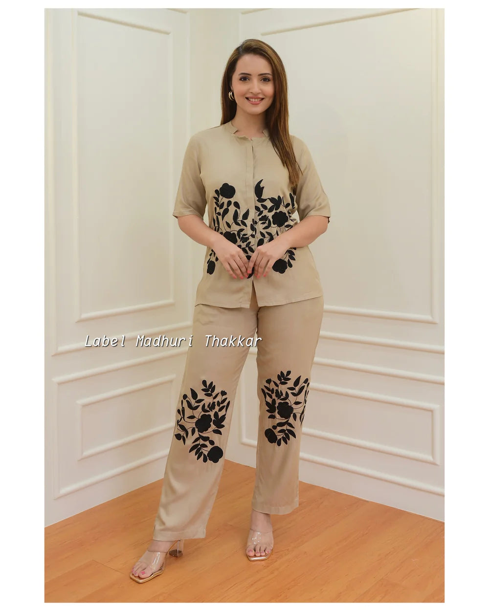 BEIGE THREAD EMBROIDERED CO-ORD