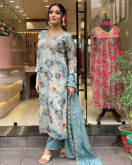 FLORAL PRINTED SEQUINNED DETAILED ORGANZA STRAIGHT KURTA & TROUSER WITH DUPATTA