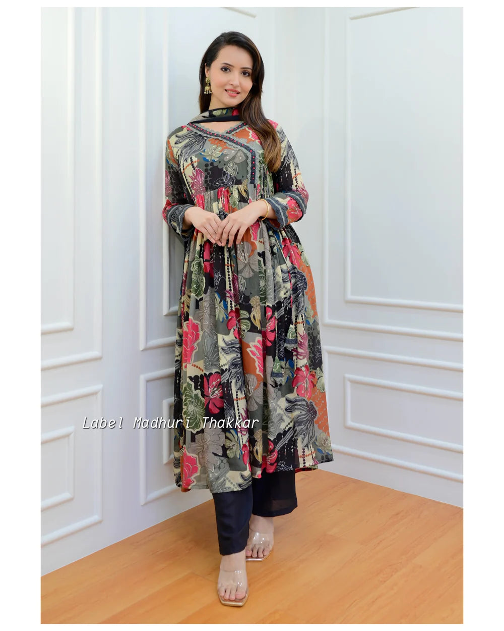 BLACK FLORAL CHINNON ANARKALI SUIT