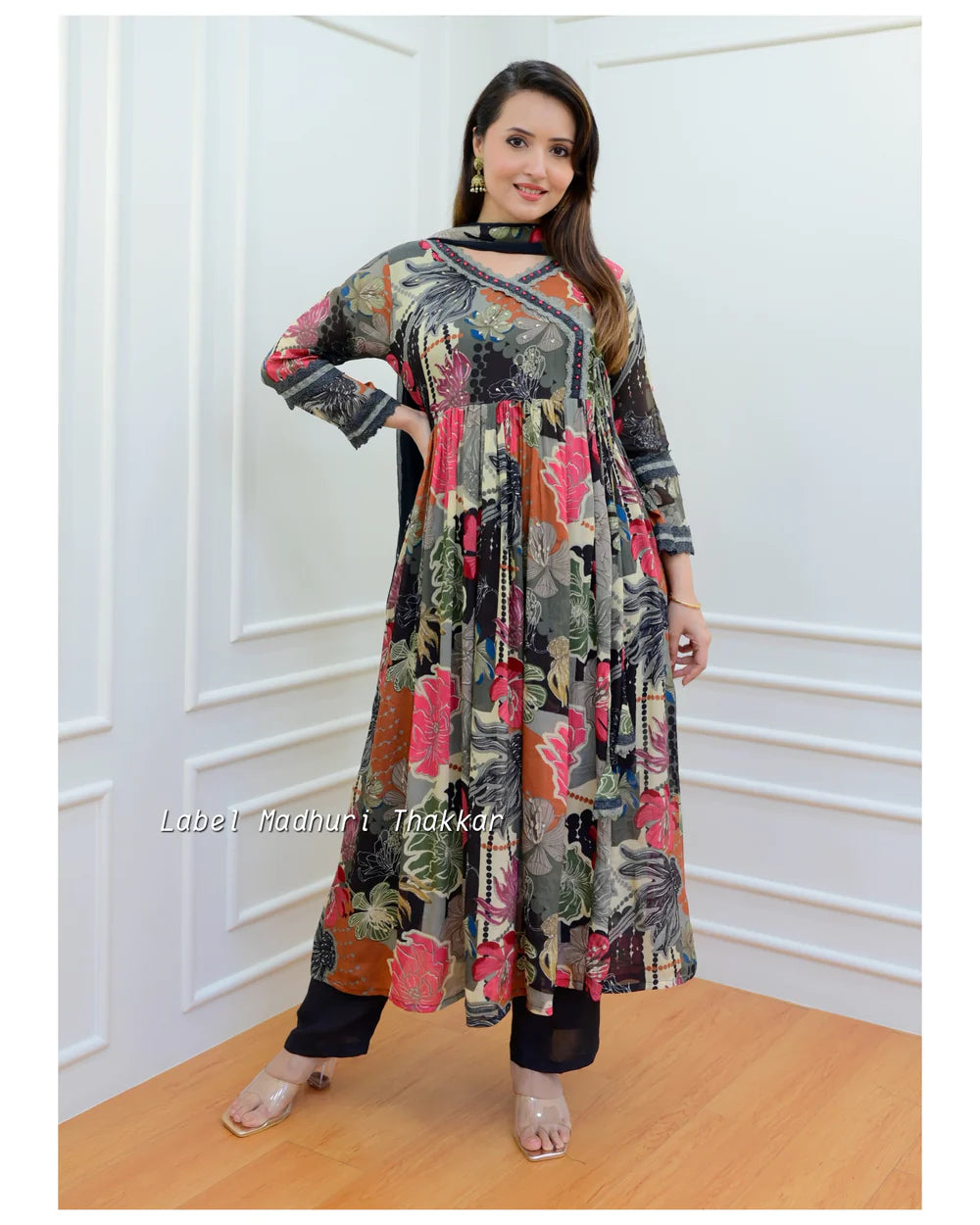 BLACK FLORAL CHINNON ANARKALI SUIT