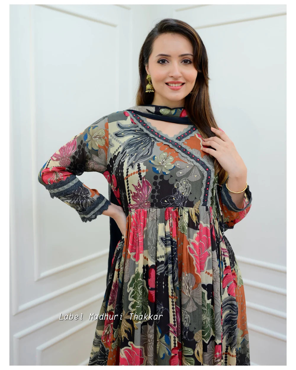 BLACK FLORAL CHINNON ANARKALI SUIT