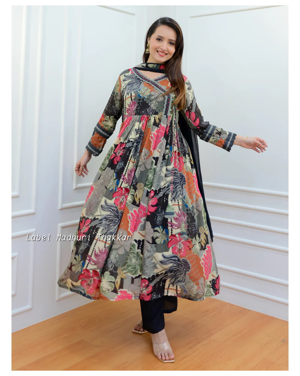 BLACK FLORAL CHINNON ANARKALI SUIT