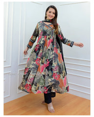 BLACK FLORAL CHINNON ANARKALI SUIT