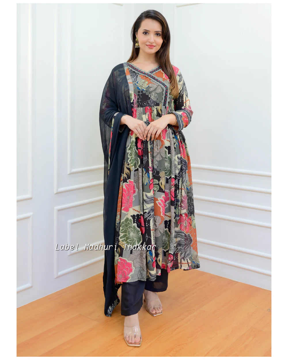 BLACK FLORAL CHINNON ANARKALI SUIT