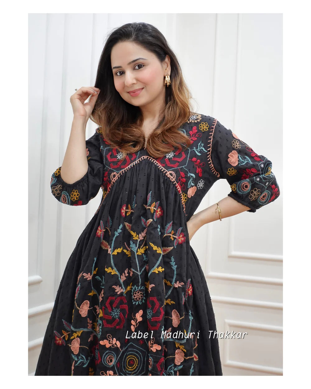 BLACK FLORAL THREADWORK DRESS