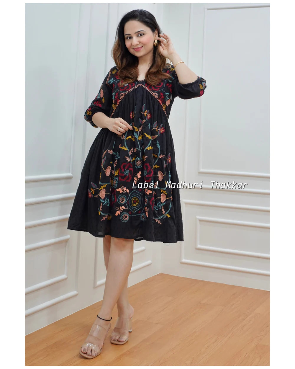 BLACK FLORAL THREADWORK DRESS