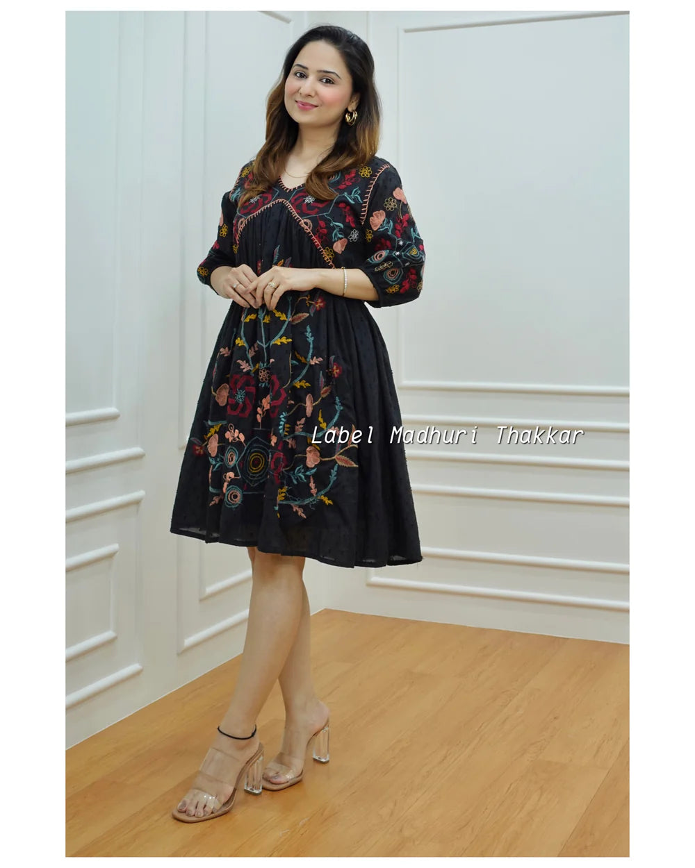 BLACK FLORAL THREADWORK DRESS