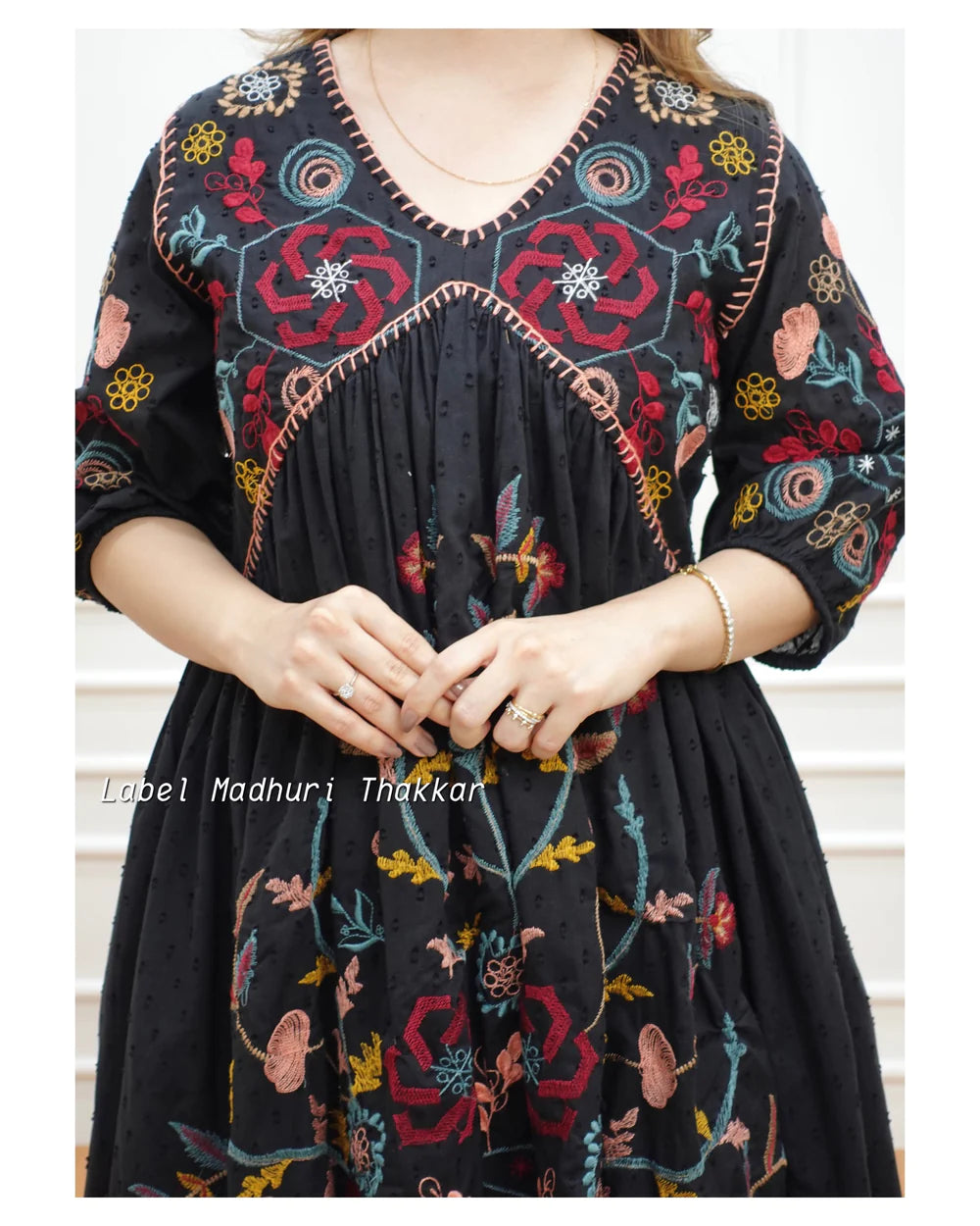 BLACK FLORAL THREADWORK DRESS