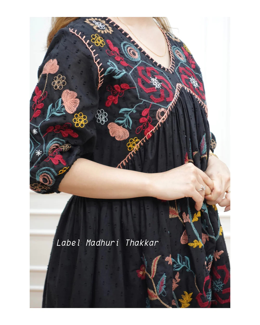 BLACK FLORAL THREADWORK DRESS