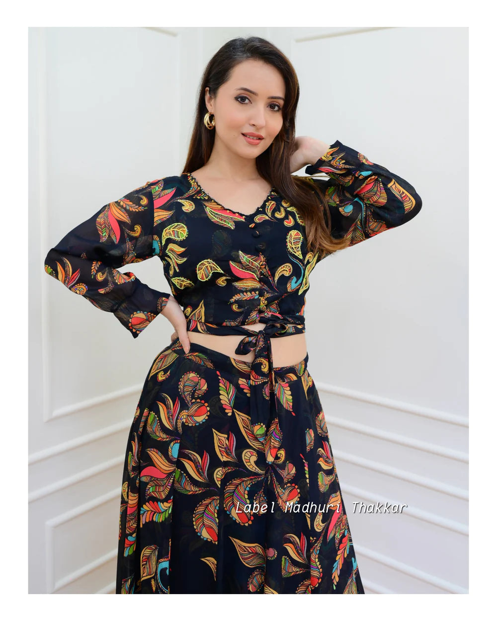 BLACK FLORAL CHINNON CROP TOP SKIRT SET