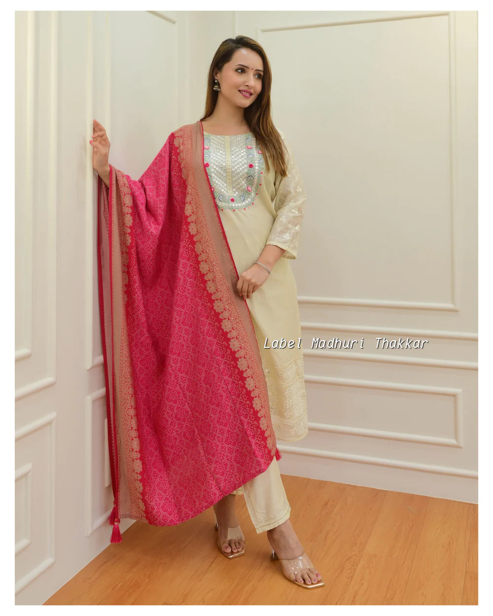 IVORY EMBROIDERED CHANDERI SILK SUIT