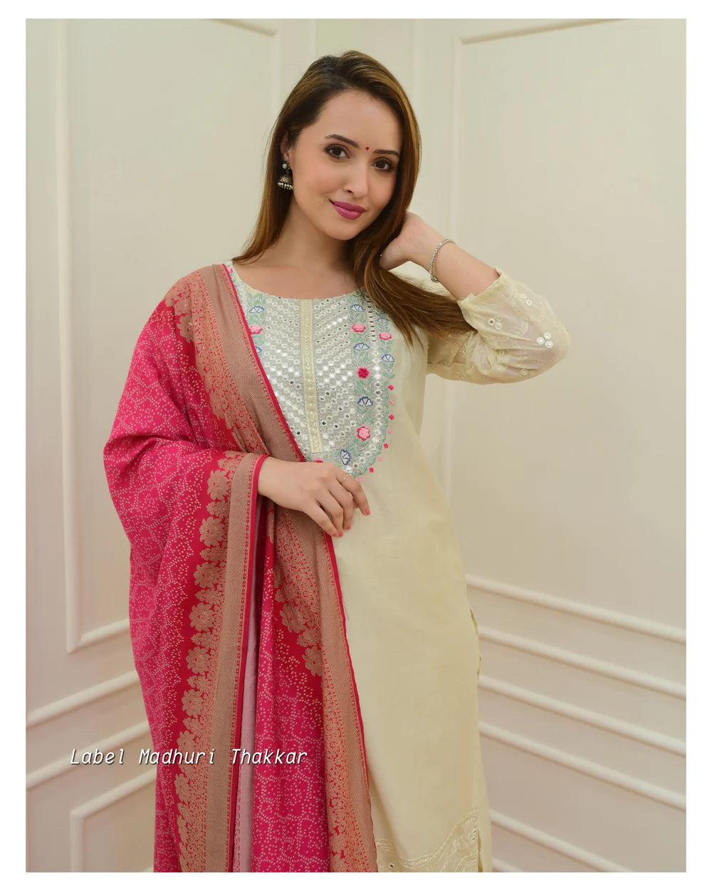 IVORY EMBROIDERED CHANDERI SILK SUIT