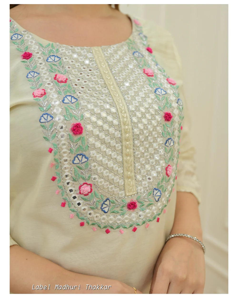 IVORY EMBROIDERED CHANDERI SILK SUIT