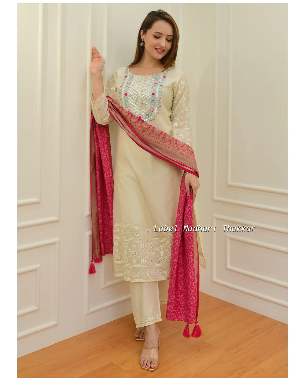 IVORY EMBROIDERED CHANDERI SILK SUIT