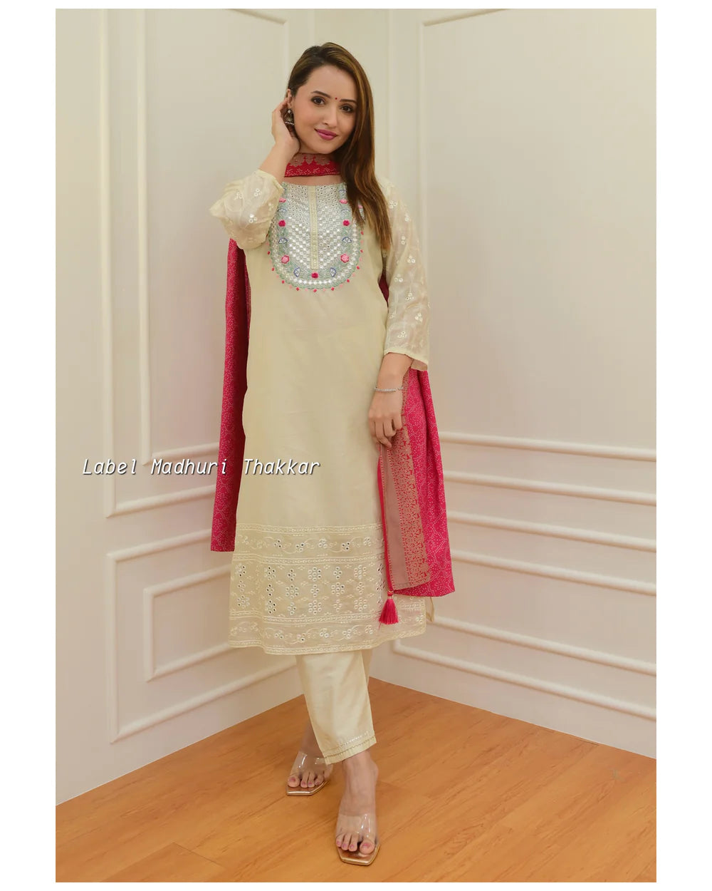 IVORY EMBROIDERED CHANDERI SILK SUIT