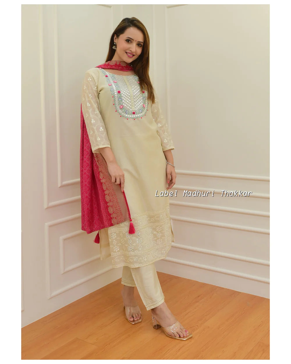 IVORY EMBROIDERED CHANDERI SILK SUIT