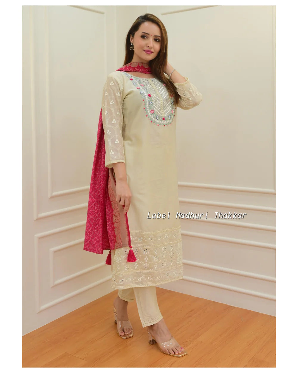 IVORY EMBROIDERED CHANDERI SILK SUIT