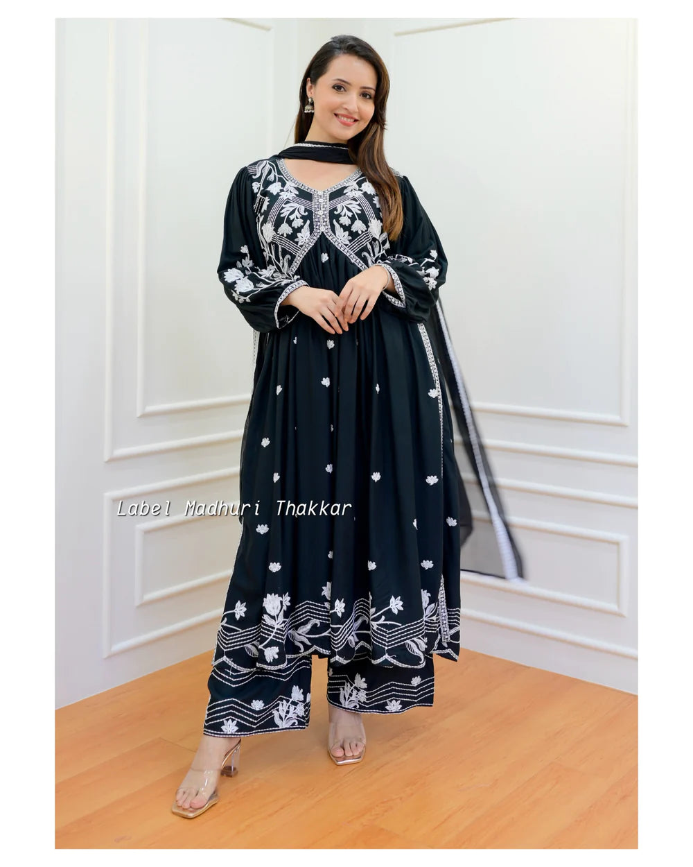 BLACK LUCKNOWI COTTON PALAZZO SUIT