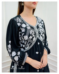 BLACK LUCKNOWI COTTON PALAZZO SUIT