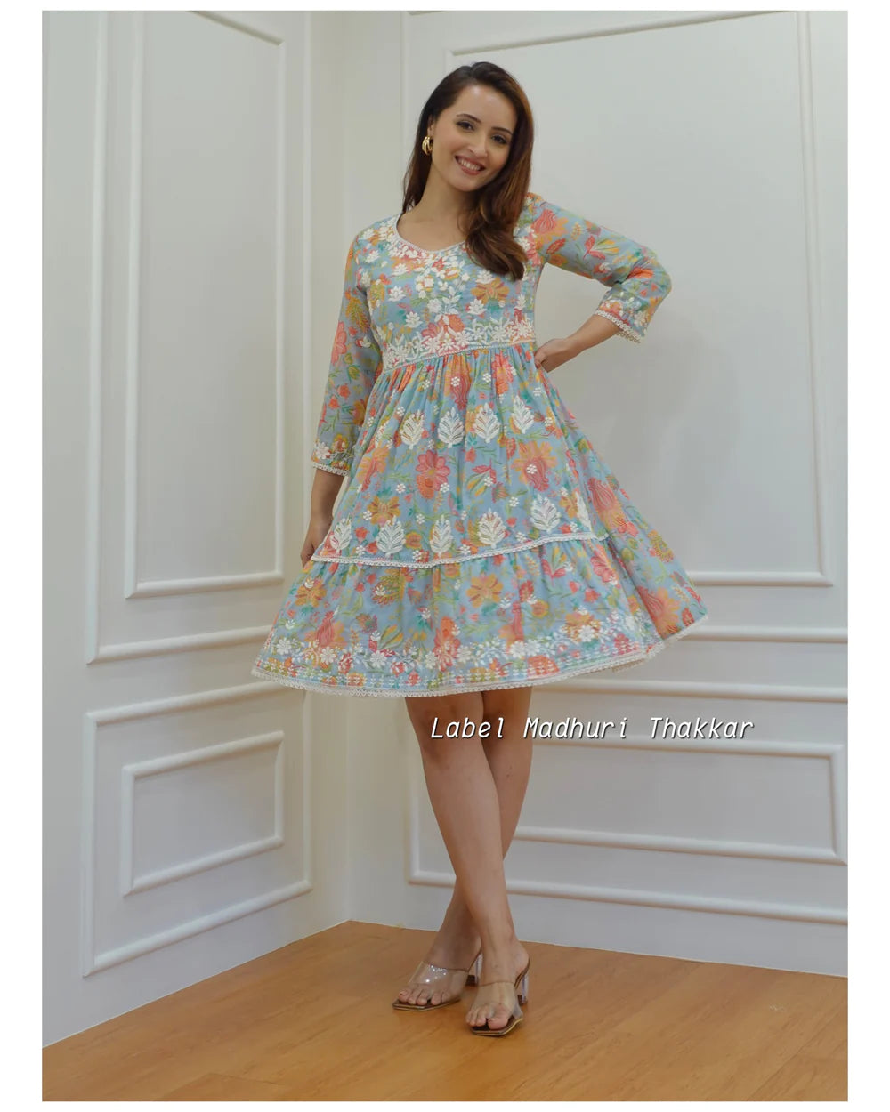 BLUE FLORAL CHIKANKARI DRESS