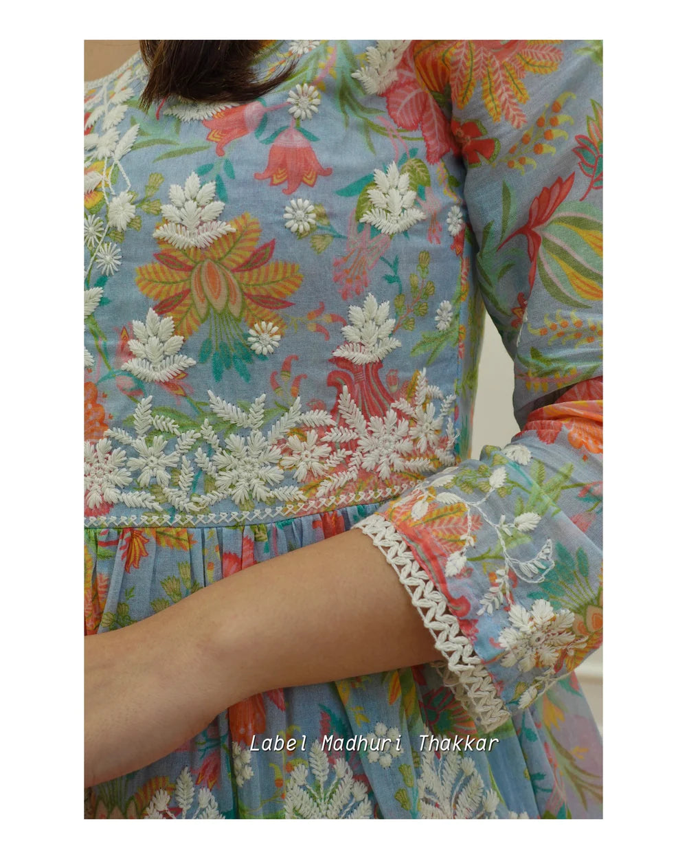 BLUE FLORAL CHIKANKARI DRESS