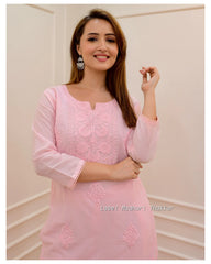 BABY PINK COTTON CHIKANKARI KURTA SET