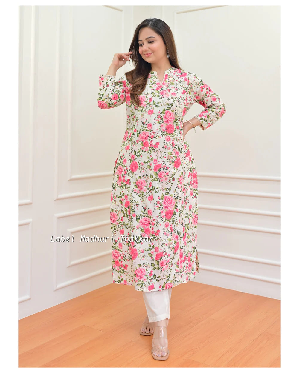 IVORY PINK FLORAL SEQUIN KURTA SET