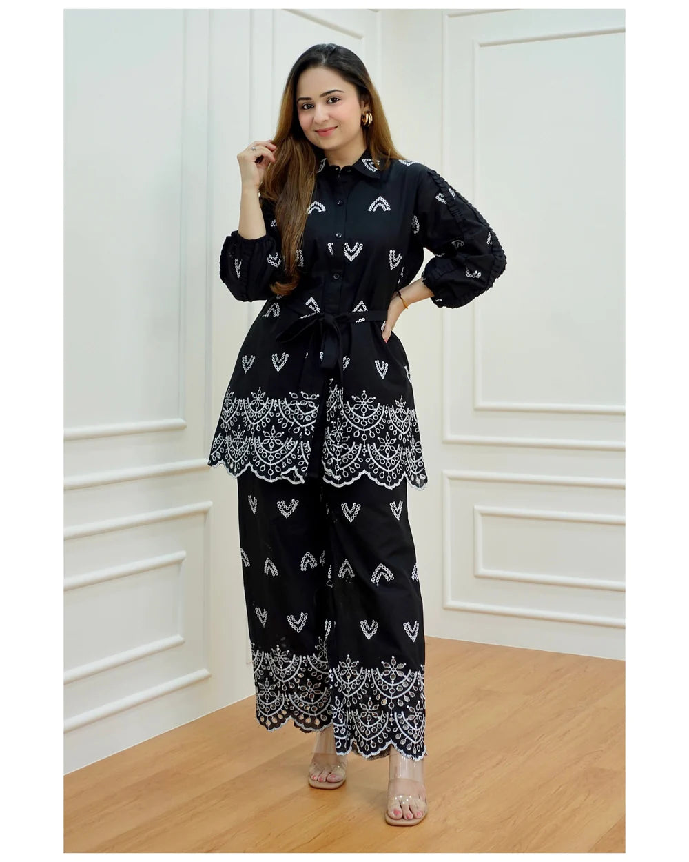 BLACK SCHIFFLI COTTON CO-ORD SET