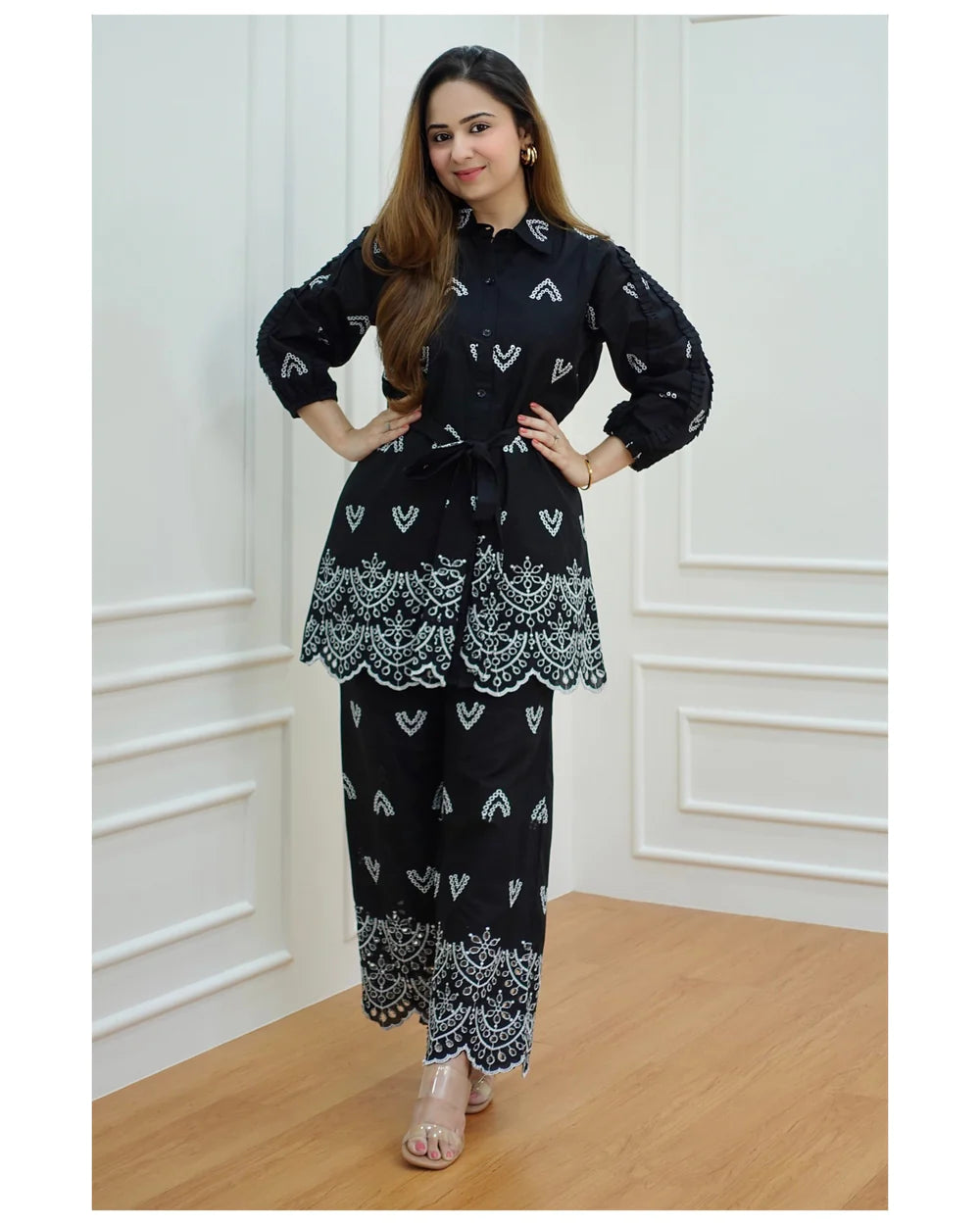 BLACK SCHIFFLI COTTON CO-ORD SET