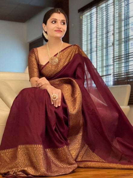 MAROON WITH GOLD BORDER SOFT SILK SAREE