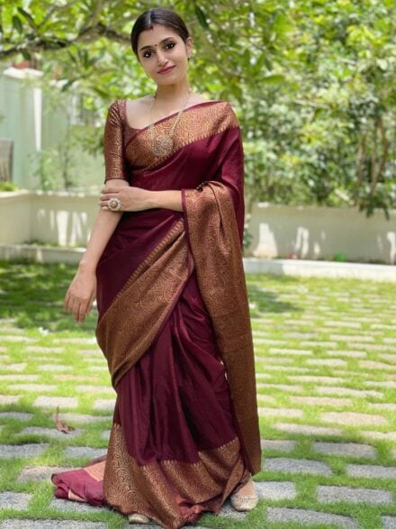 MAROON WITH GOLD BORDER SOFT SILK SAREE