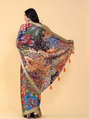 MULTICOLOURED KALAMKARI DIGITAL PRINTED SATIN SILK SAREE