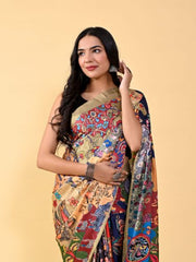 MULTICOLOURED KALAMKARI DIGITAL PRINTED SATIN SILK SAREE