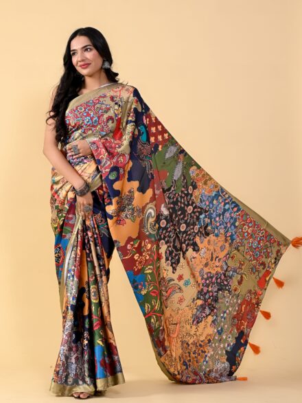 MULTICOLOURED KALAMKARI DIGITAL PRINTED SATIN SILK SAREE