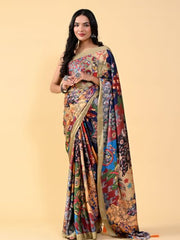 MULTICOLOURED KALAMKARI DIGITAL PRINTED SATIN SILK SAREE