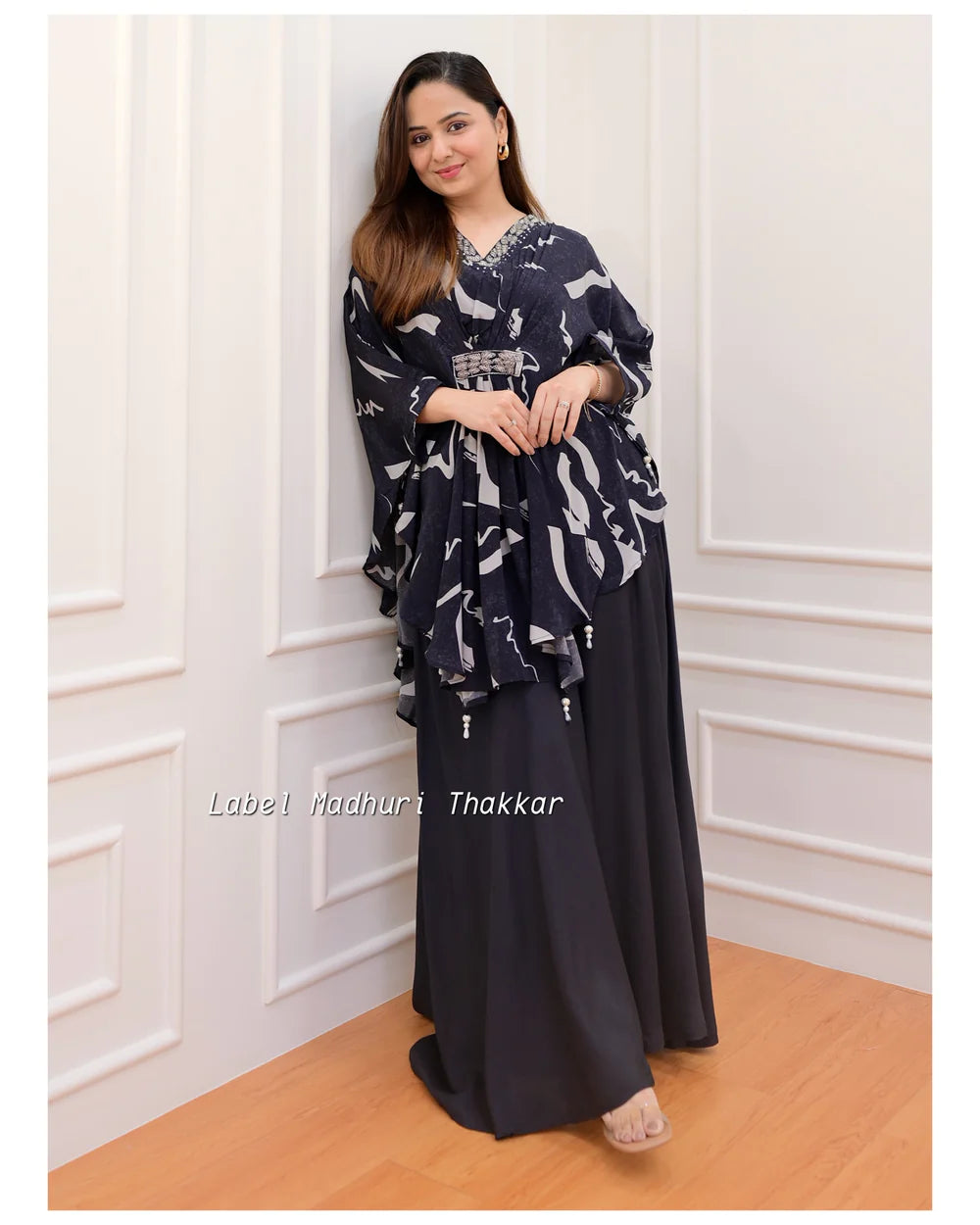 BLACK FLORAL CREPE KAFTAN SHARARA