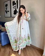 WHITE ALIA CUT FLORAL PRINTED KURTA PANT WITH DUPATTA SET